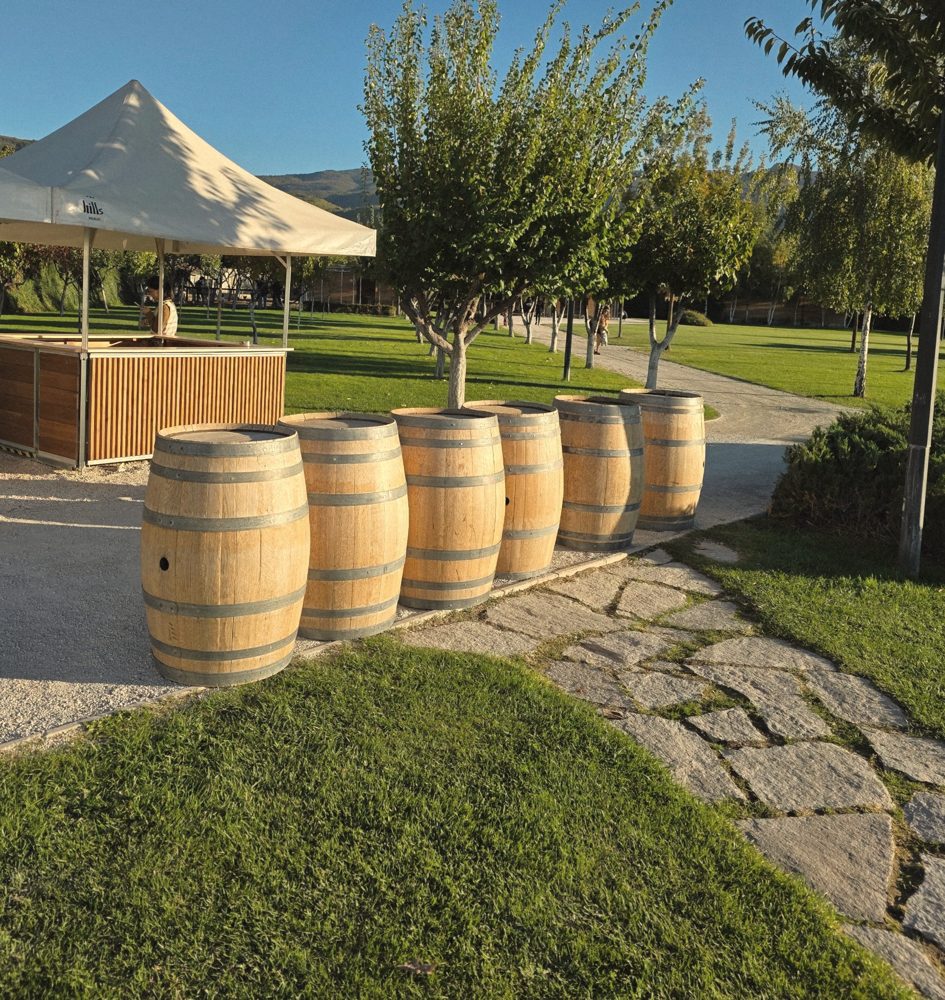 Oak barrels beside the outdoor bar